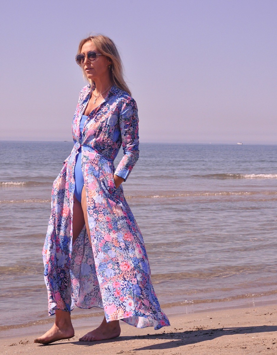 Léa - robe longue kimono pour la plage - Viscose rose et bleue - Ma petite robe française